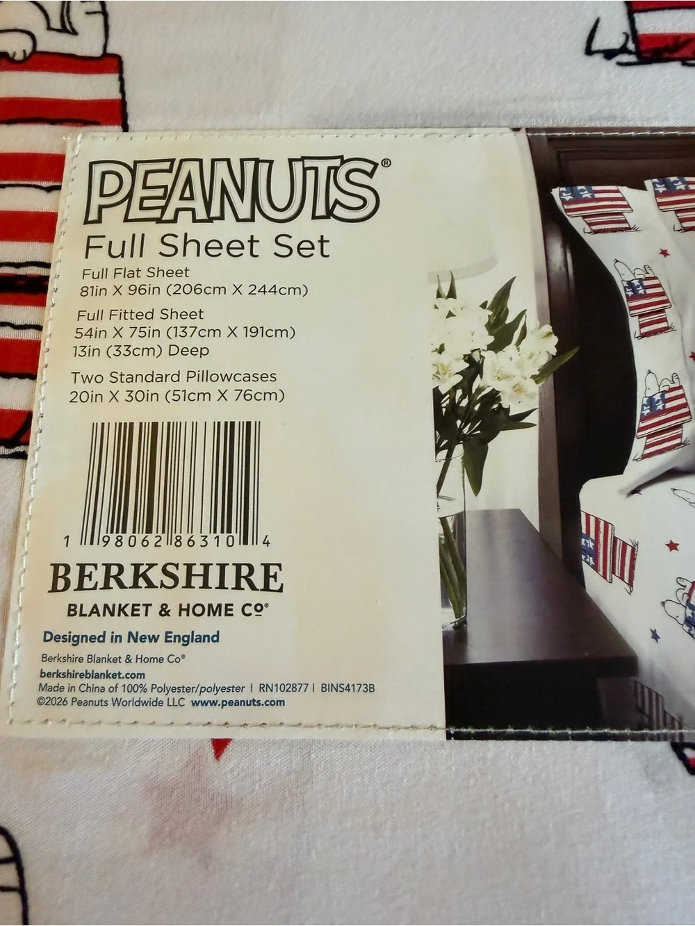 New Peanuts Snoopy Full Sheet Set Berkshire America USA Red/White/Blue Doghouse